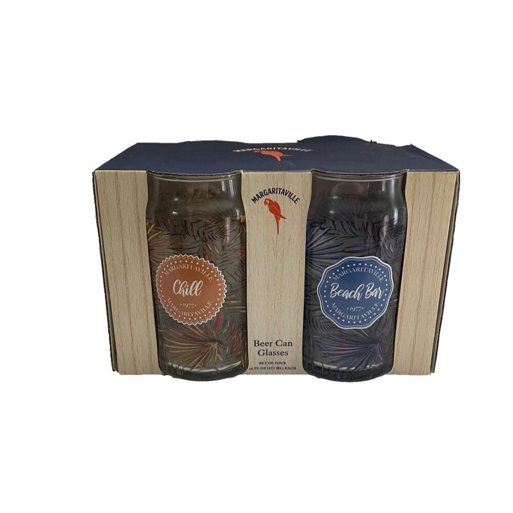 Jimmy Buffett Margaritaville 16 oz Beer Can Shaped Glasses Set of 4 New in Box